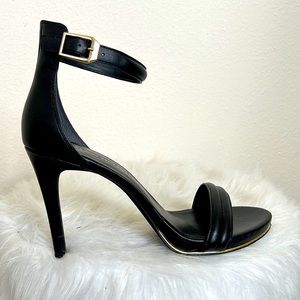 Black leather ankle strap sandal heels